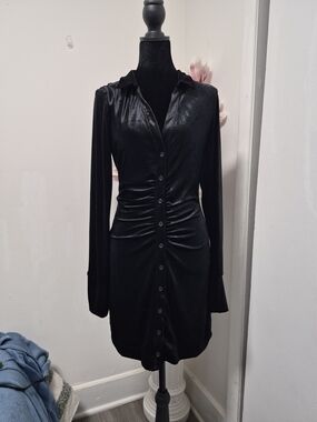 Free People Black Velvet Button-Front Long Sleeve Dress